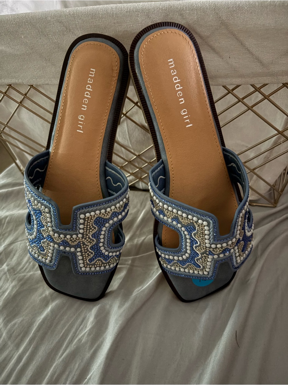Madden Girl Blue Beaded Open-Toe Slide Mules
